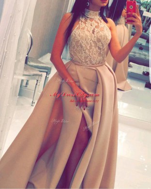 Unique Mermaid Champagne High-neck Zipper Beading and Appliques Prom Evening Gown Sweep Train Sleeveless