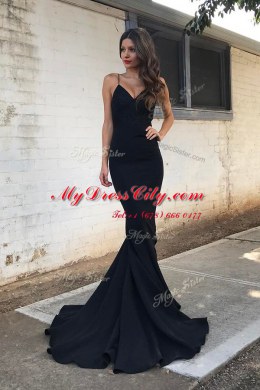 Black Mermaid Ruching Prom Dresses Zipper Elastic Woven Satin Sleeveless With Train