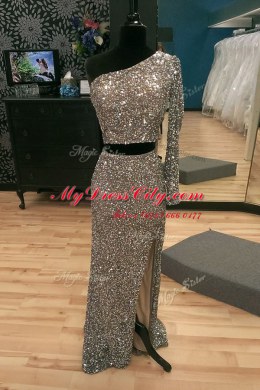 Fabulous One Shoulder With Train Zipper Evening Wear Silver for Prom and Party with Beading Sweep Train
