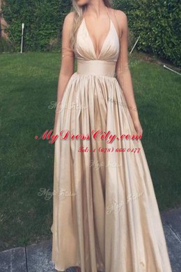 High Class Halter Top Sleeveless Prom Party Dress Floor Length Ruching Champagne Taffeta