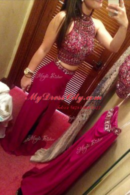 Fashion Beading Prom Evening Gown Fuchsia Zipper Sleeveless Floor Length