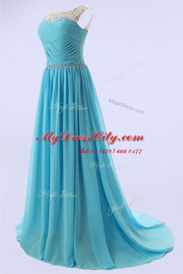 Scoop With Train A-line Sleeveless Baby Blue Homecoming Dress Sweep Train Zipper