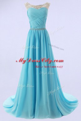 Scoop With Train A-line Sleeveless Baby Blue Homecoming Dress Sweep Train Zipper