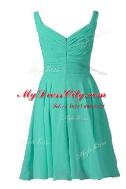 Off The Shoulder Sleeveless Prom Gown Knee Length Pleated Turquoise Chiffon