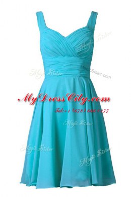 Off The Shoulder Sleeveless Prom Gown Knee Length Pleated Turquoise Chiffon