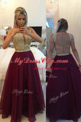Traditional Sleeveless Organza Zipper Evening Dress in Burgundy with Beading and Appliques
