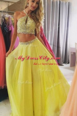Fancy Yellow Zipper Halter Top Beading Prom Dresses Chiffon Sleeveless