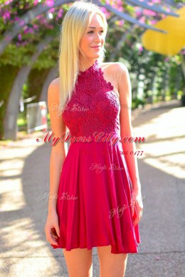 Halter Top Appliques Evening Dress Hot Pink Zipper Sleeveless Knee Length