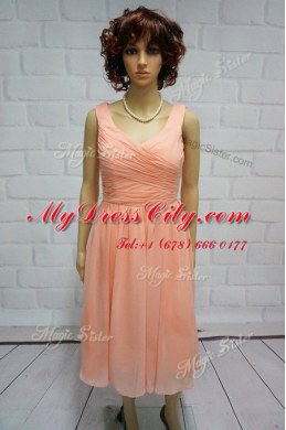 Peach Chiffon Lace Up Straps Sleeveless Knee Length Prom Dress Ruching