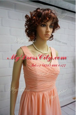 Peach Chiffon Lace Up Straps Sleeveless Knee Length Prom Dress Ruching