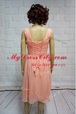 Peach Chiffon Lace Up Straps Sleeveless Knee Length Prom Dress Ruching
