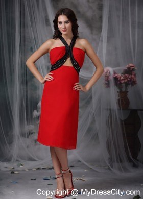 Red Column V-neck Tea-length Prom Dress with Stomach Cutout