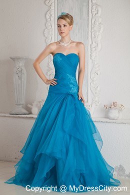 Teal Sweetheart Mermaid Prom Dress with Brush Train and Appliques