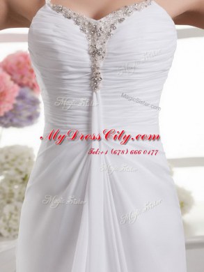 Popular A-line Sleeveless White Wedding Dress Brush Train Zipper