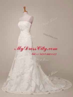 Dazzling Strapless Sleeveless Lace Wedding Dresses Lace Brush Train Lace Up