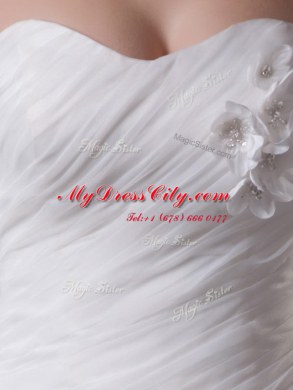 Sweet Sweetheart Sleeveless Court Train Lace Up Wedding Gown White Organza and Fabric With Rolling Flowers