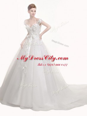 Modern Sleeveless With Train Appliques and Sashes ribbons Lace Up Wedding Gown with White Chapel Train