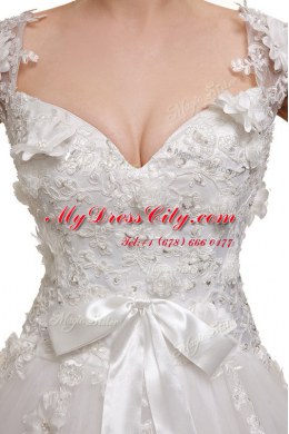 Modern Sleeveless With Train Appliques and Sashes ribbons Lace Up Wedding Gown with White Chapel Train