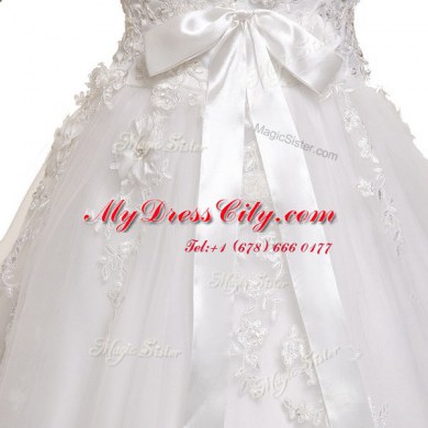 Modern Sleeveless With Train Appliques and Sashes ribbons Lace Up Wedding Gown with White Chapel Train