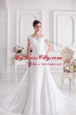 Off the Shoulder White Sleeveless Court Train Beading and Appliques Wedding Gowns