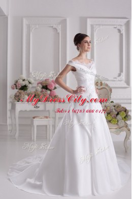 Off the Shoulder White Sleeveless Court Train Beading and Appliques Wedding Gowns