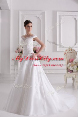 Off the Shoulder White Sleeveless Court Train Beading and Appliques Wedding Gowns