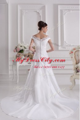 Off the Shoulder White Sleeveless Court Train Beading and Appliques Wedding Gowns
