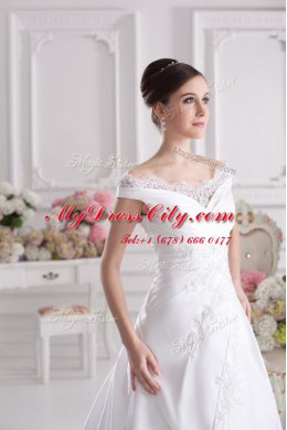 Off the Shoulder White Sleeveless Court Train Beading and Appliques Wedding Gowns