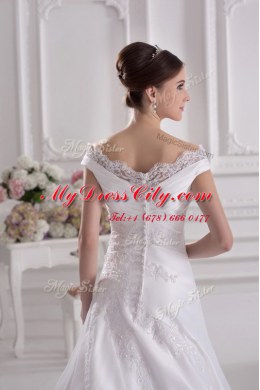 Off the Shoulder White Sleeveless Court Train Beading and Appliques Wedding Gowns
