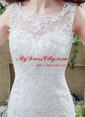 Gorgeous Mermaid Scoop See Through Sleeveless Lace Brush Train Backless Wedding Gown in White with Beading and Appliques