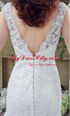 Gorgeous Mermaid Scoop See Through Sleeveless Lace Brush Train Backless Wedding Gown in White with Beading and Appliques