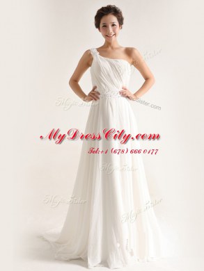 One Shoulder Chiffon Sleeveless With Train Wedding Gown Brush Train and Beading and Ruching