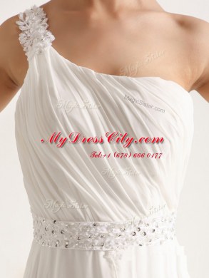 One Shoulder Chiffon Sleeveless With Train Wedding Gown Brush Train and Beading and Ruching