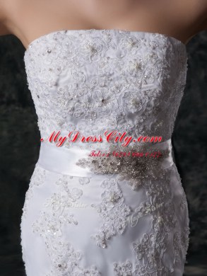 Classical Mermaid Strapless Sleeveless Lace Up Wedding Dress White Lace