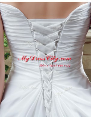 Nice Sleeveless Beading and Appliques and Ruching Lace Up Bridal Gown with White Brush Train