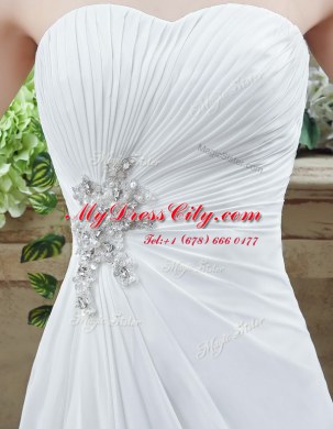 Nice Sleeveless Beading and Appliques and Ruching Lace Up Bridal Gown with White Brush Train