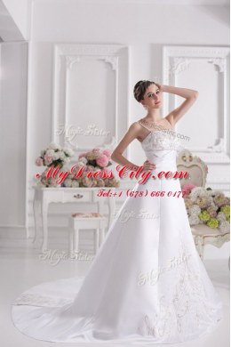 Colorful With Train White Wedding Dress Satin Brush Train Sleeveless Beading and Embroidery
