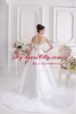 Colorful With Train White Wedding Dress Satin Brush Train Sleeveless Beading and Embroidery