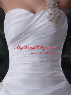 Sweet White Lace Up One Shoulder Beading and Pick Ups Wedding Dress Taffeta Sleeveless Brush Train