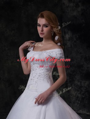 Ideal Off the Shoulder White Ball Gowns Beading and Lace and Embroidery Wedding Dresses Lace Up Organza Cap Sleeves With Train