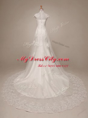Pretty With Train Clasp Handle Wedding Gown White for Wedding Party with Beading and Lace and Appliques Brush Train