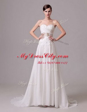 Custom Fit Sleeveless Brush Train Lace Up With Train Beading and Belt Wedding Dresses