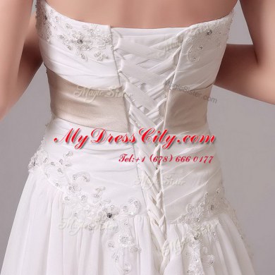 Custom Fit Sleeveless Brush Train Lace Up With Train Beading and Belt Wedding Dresses