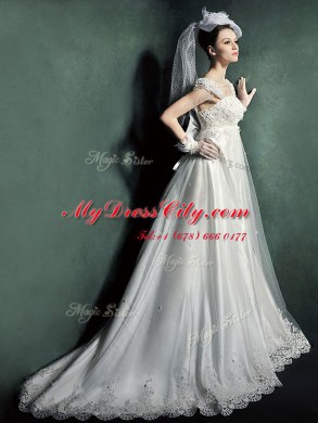 Sumptuous White Empire Tulle Straps Cap Sleeves Beading and Lace and Appliques Lace Up Wedding Dresses Court Train