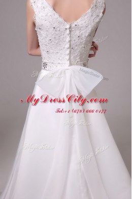 Best Selling With Train White Wedding Dress V-neck Sleeveless Brush Train Clasp Handle
