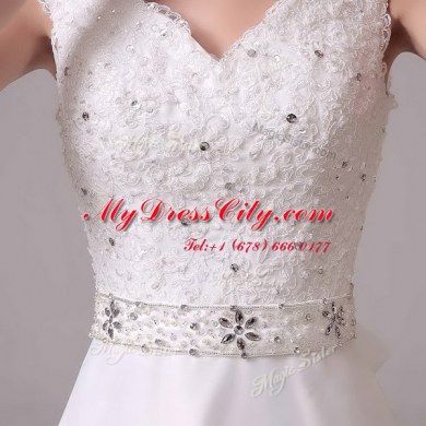 Best Selling With Train White Wedding Dress V-neck Sleeveless Brush Train Clasp Handle