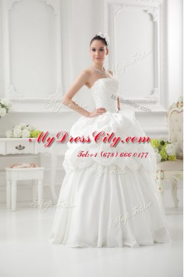 Pretty White Sleeveless Beading and Pick Ups Floor Length Wedding Gowns