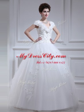 White A-line Beading and Appliques and Sashes ribbons and Bowknot Bridal Gown Lace Up Tulle Sleeveless Floor Length