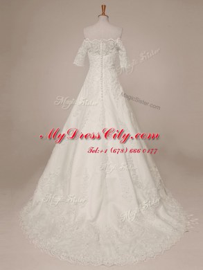 High Class Scalloped White Half Sleeves Lace Sweep Train Zipper Bridal Gown for Wedding Party