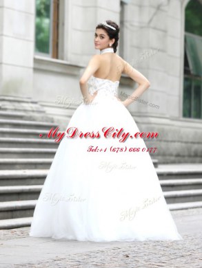 White Zipper Wedding Dresses Lace Sleeveless Floor Length